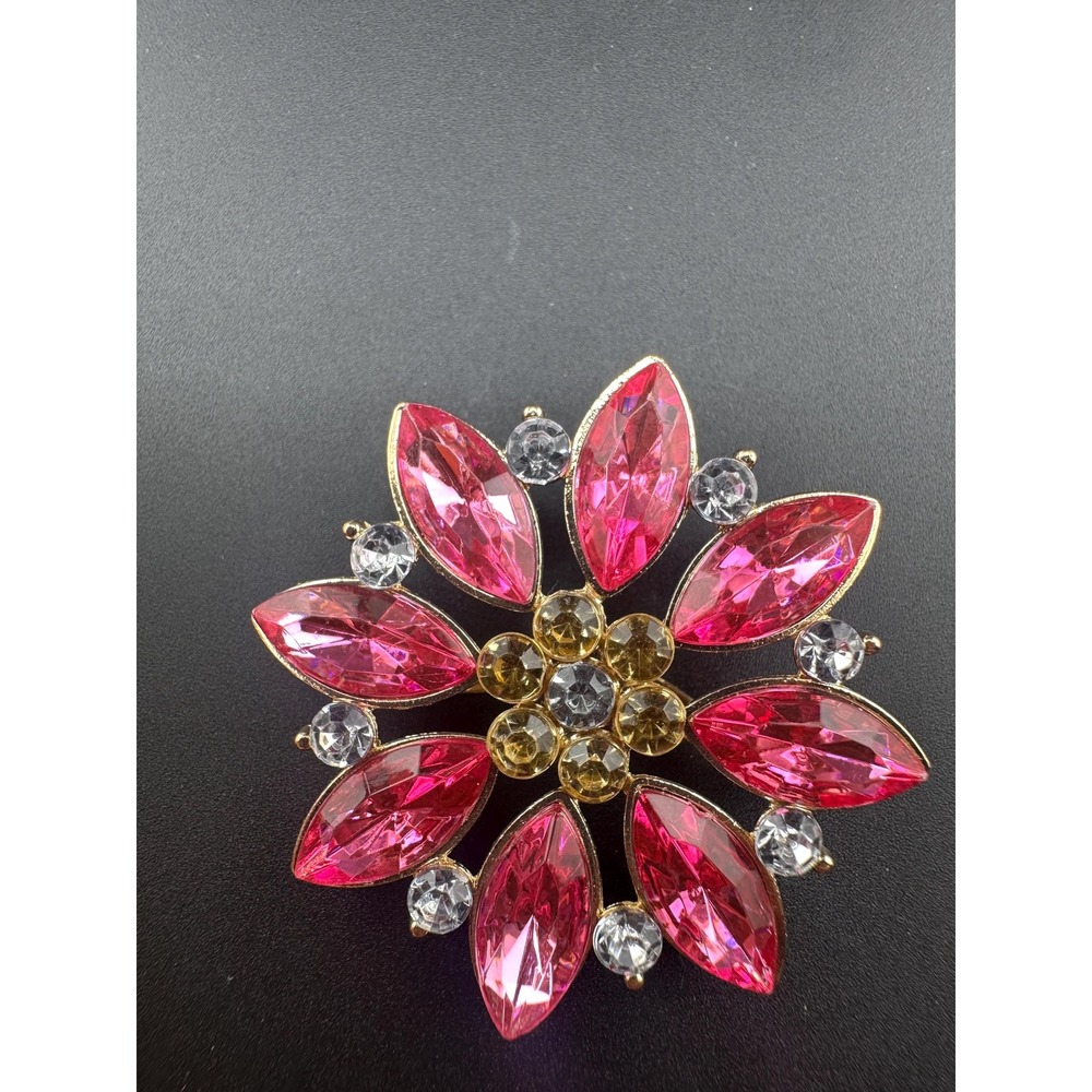 VTG Pink Rhinestone Flower Brooch Hot Pink Crystal Statement Pin Gold Tone 2"